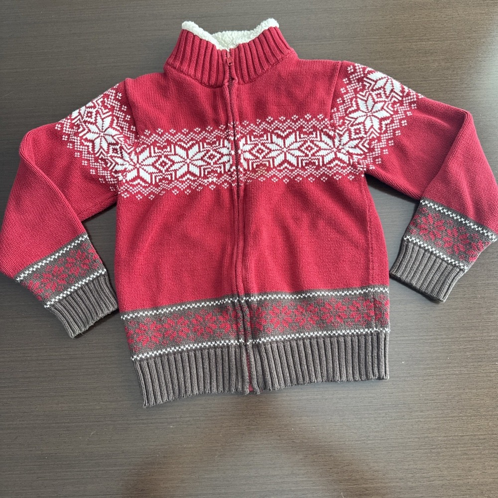Gymboree Fair Isle Snow Flake Patterned Zip Sweater Red & Brown Boys Size M 7/8